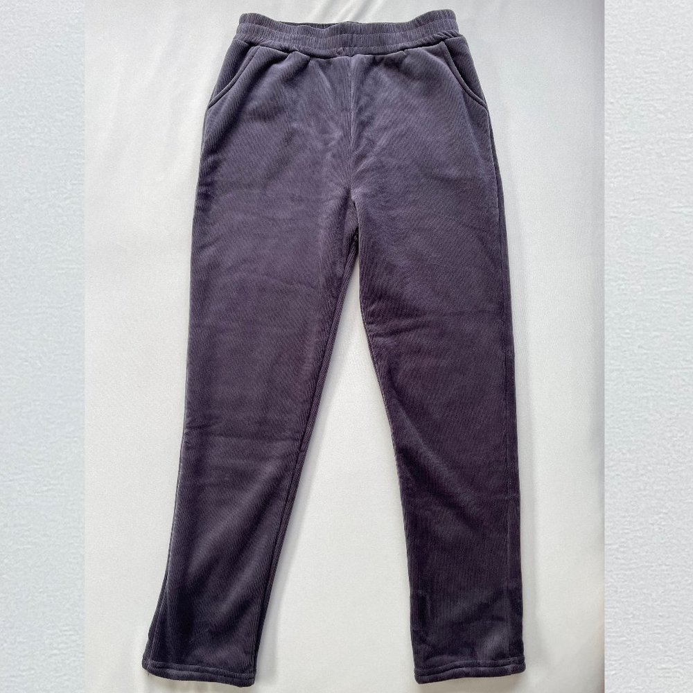 Gray Corduroy Fleece-Lined High-Waisted Pants